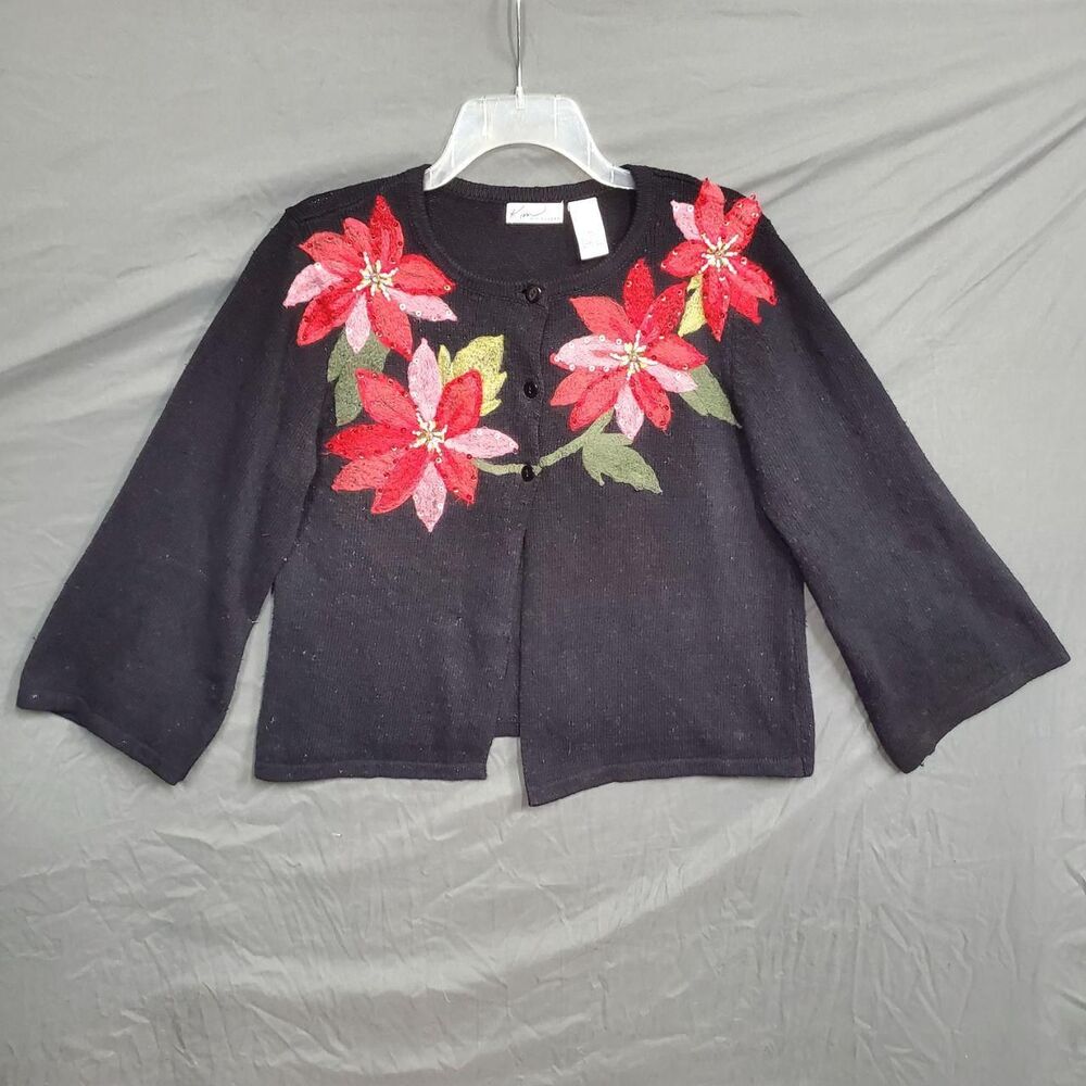 Kim Rogers Womens Poinsettia Cardigan Sweater Size XL